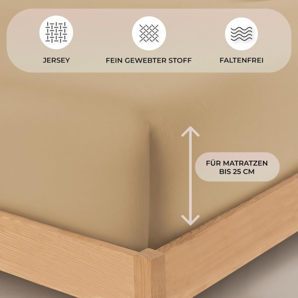 Buymax® Spannbettlaken 160x200 cm Doppelpack 100% Baumwolle Spannbetttuch Bettlaken Jersey, Matratzenhöhe bis 25 cm, Farbe Sand Bild 3