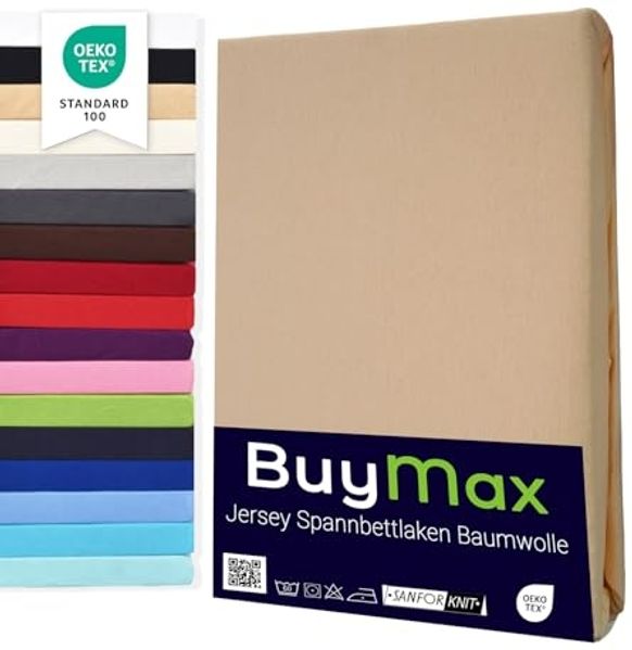 Buymax® Spannbettlaken 160x200 cm Doppelpack 100% Baumwolle Spannbetttuch Bettlaken Jersey, Matratzenhöhe bis 25 cm, Farbe Sand