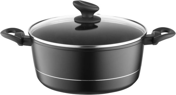 FLORINA Aluminium Topf (5,1 l) 26 cm I Kochtopf DELUX mit Glasdeckel I Messbecher & Antikratz-Beschichtung I Topf mit Induktionsboden I Geeignet für Induktionsherd, Gasherd und Elektroherd (Schwarz)