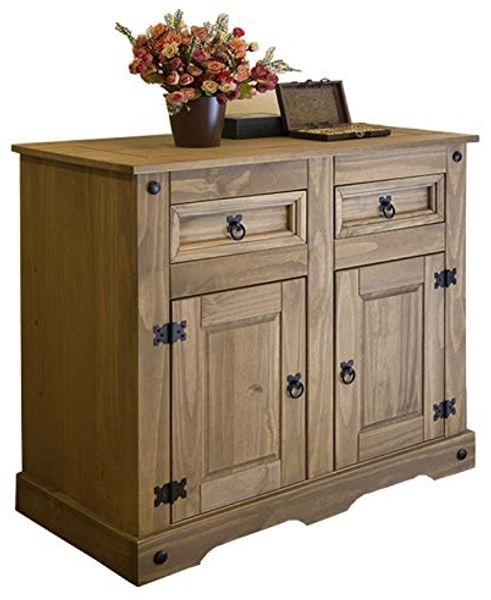 SAM Kommode Santa Fe, Kiefernholz, Mexico-Möbel, Sideboard mit 2 Türen & 2 Schubladen, Gewachst, Schwarze Metallgriffe