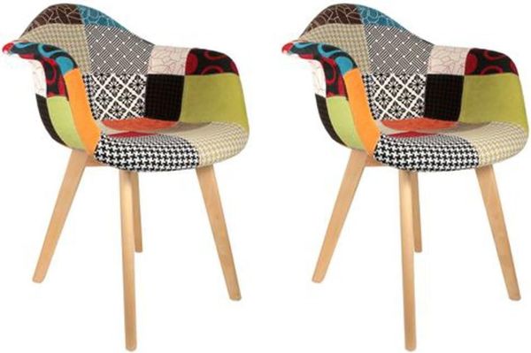 HOME DECO FACTORY The HD3096 Sessel, skandinavisch, Patchwork, Holz + Polyester, Mehrfarbig, 62 x 60,5 x 86 cm, 2 Stück