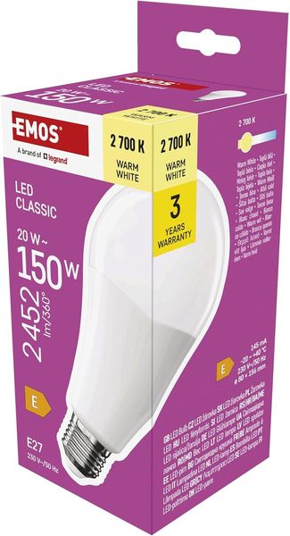 EMOS LED Lampe A80-Birne, 20W Ersatz für 150W Glühbirne, klassiche Birne in größerer Form, E27 Sockel, Helligkeit 2452 lm, Warmweiß 2700 K, 30000 h Lebensdauer, CRI min. 80, 180° Abstrahlwinkel