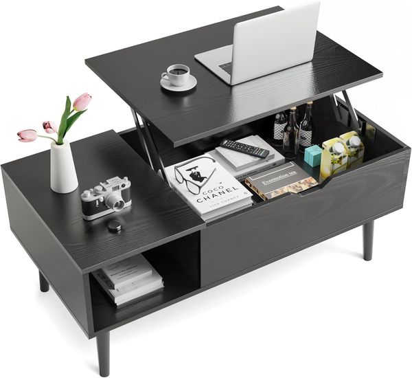 Sweetcrispy Couchtisch, Couchtische mit Hebeplatte, für Wohnzimmer, Wohnung, erhöhender Tisch, Holz-Couchtische mit Ablagefläche und verstecktem Fach, klassisches Schwarz