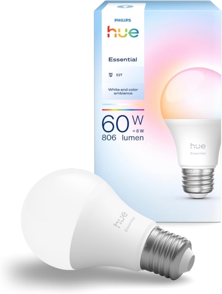 Philips Hue Essential Smart LED A60 Lampe, Weiß und Farbig, E27 Fassung, 8W, 2200K-6500K, 806 Lumen, dimmbar, funktioniert mit Alexa, Google Assistant, und Apple Home, 1er Pack