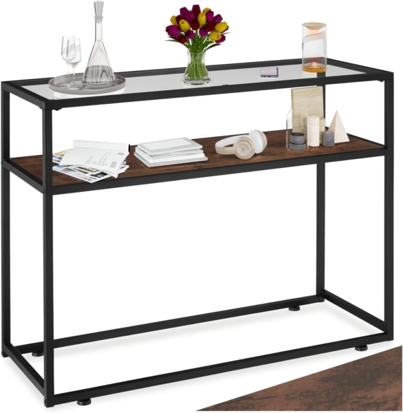 tectake Konsolentisch Beistelltisch Kilkenny 100x41x80,5cm (1-St, 1 tlg), Schlanker Konsolentisch mit Glasoberfläche im trendigen Industrie-Chic