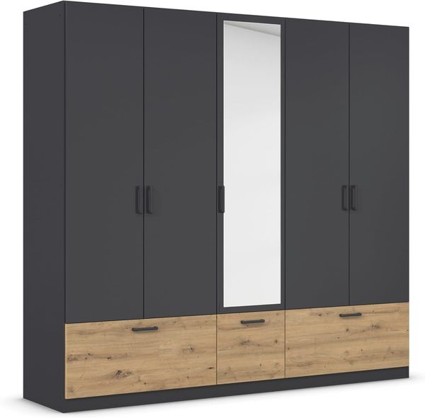 rauch Drehtürenschrank Kleiderschrank Schrank Garderobe Wäscheschrank BARI mit Spiegel mit Schubkästen und modernem Griff in Graumetallic MADE IN GERMANY