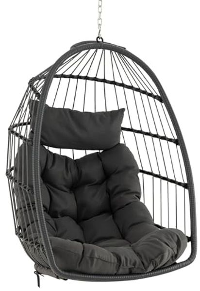FANTASK Faltbarer Hängekorb Hängesessel aus PE-Rattan mit weichem Kissen, Hängesitz mit Hängezubehör & Hängeschaukel, Sessel, Hängestuhl für Indoor und Outdoor (Grau)