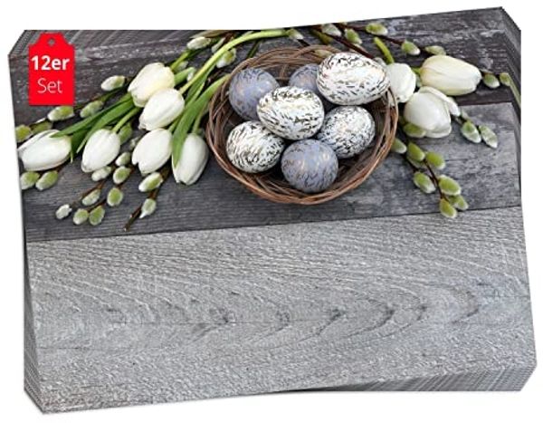 Tischsetmacher Platzset Tischset Frühling, Ostern & Blumen - Weiße Tulpen mit Ostereiern, (aus Naturpapier in Aufbewahrungsmappe, 12-St, 44 x 32 cm / weiß-grau), Made in Germany