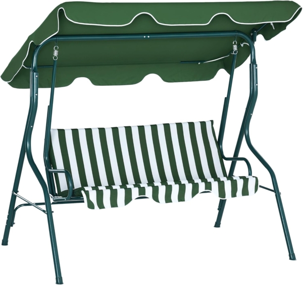 Outsunny Hollywoodschaukel Schwingbank mit Verstellbarem Sonnendach, 3-Sitzer, Relaxfunktion, Gartenschaukel, 1 tlg, Schaukelbank, Stahlrahmen, Grün 170 x 110 x 153 cm