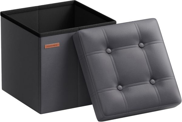 SONGMICS Sitzhocker 38 cm, Aufbewahrungsbox faltbar, Fußhocker mit Deckel, aus Kunstleder, bis 300 kg belastbar, für Eingang, Wohnzimmer, Schlafzimmer, schiefergrau LSF030G11