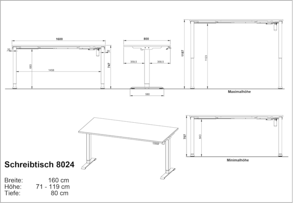 Germania Schreibtisch 8024-642, in Lichtgrau/Weiß, elektr. höhenverstellbar, 160 x 119 x 80 cm (BxHxT) Bild 2
