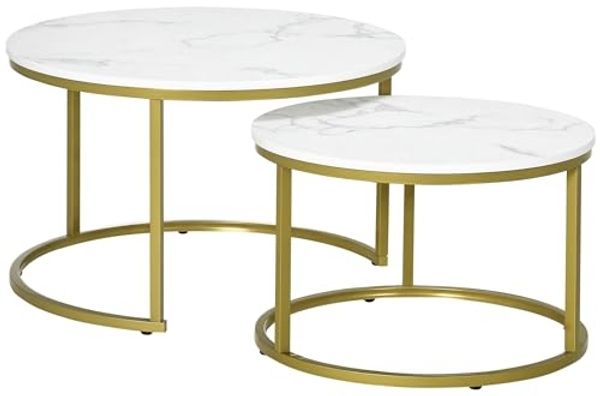 HOMCOM Couchtisch 2er-Set, Rund, mit Stahlgestell in Gold, Marmoroptik, stapelbar (Kaffeetisch, 2-St, Eckiger Beistelltisch), für Wohnzimmer, bis 30 kg belastbar, Weiß