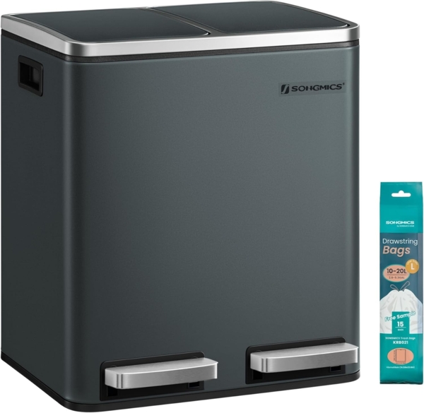 Songmics Mülleimer mit Deckel und langsamem Verschluss, Stahl / Kunststoff Rauchgrau, 2 x 15 Liter