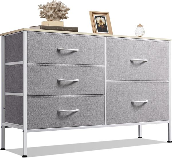 WLIVE Kommode mit 5 Schubladen aus Stoff, Kommodenschrank für Schlafzimmer, Kommode Wohnzimmer, mit Stabiler Stahlrahmen und Holzplatte, Hellgrau