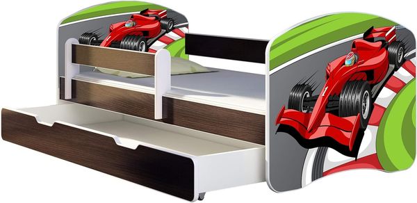 ACMA Kinderbett Jugendbett mit Einer Schublade und Matratze Wenge mit Rausfallschutz Lattenrost II 140x70 160x80 180x80 (06 Formel 1, 180x80 + Bettkasten)