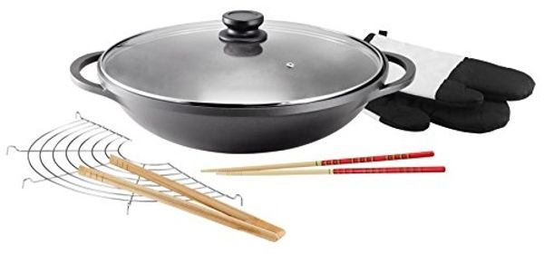 Kopf Wok Mai-Lu, Aluminiumguss, Ø 36 cm, Induktion, Antihaftbeschichtung, inkl. Glasdeckel & Zubehör