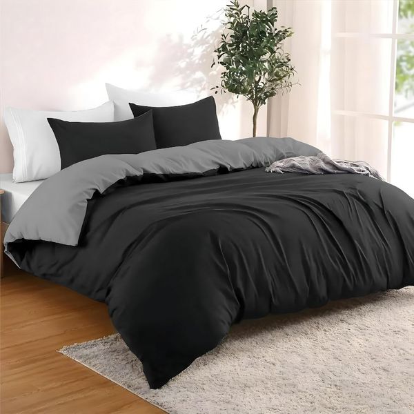 Dreamzie - Bettwäsche Set 240x220 cm mit 2 Kissenbezügen 65x65 cm Weiß/Dunkelgrau - 1 Bettbezug 240x220 aus 100% Mikrofaser - Zertifiziert ohne Chemikalien (Oeko TEX)