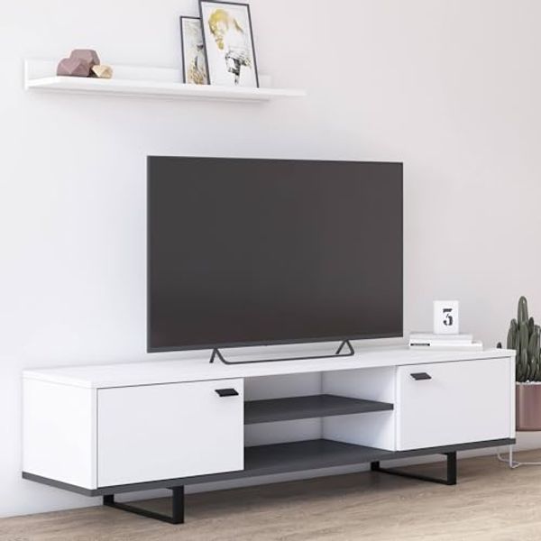 Dmora Wohnzimmer TV-Ständer mit zwei Türen und zwei Regalen, 150 x 35 x 44 cm, Farbe Weiß und Anthrazit