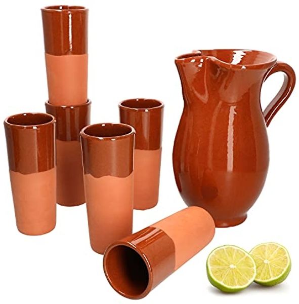 MamboCat Wasserkrug 7tlg Set 1x Tonkrug 1,9L + 6x Tonbecher 300ml 6 Personen