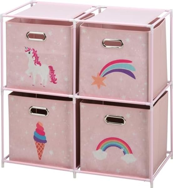 Koopman Kinderregal Spielzeugregal Rosa 68x35x70 cm Aufbewahrung, 1-tlg, 4 Fächer, Schrank, Einhorn, Stoffkästchen