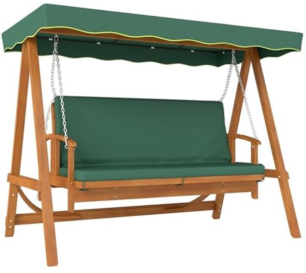 Outsunny Hollywoodschaukel mit Sonnendach, Sitzauflage, bis 330kg, 3-Sitzer, Liegefunktion, 3-Sitzer Gartenschaukel aus Holz, 1 tlg, 2 in 1 Holzschaukel mit Liegefunktion, für Garten, Terrasse, 236x130x181 cm, Dunkelgrün