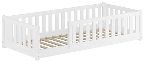 Kinderbett, Holzbett mit umlaufendem Schutzgitter 80x180 Kiefer waschweiß V-60.77W-08-180Rollrost inkl.