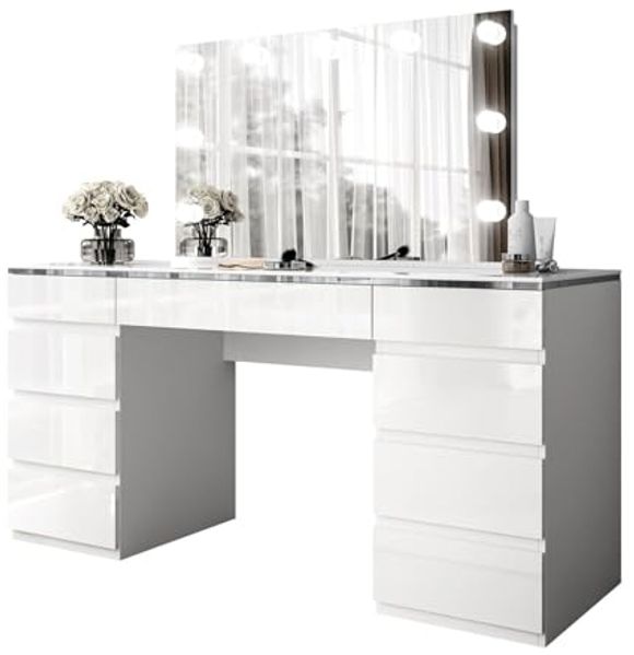 Lookway Schminktisch AURORA DOUBLE SILVER Weiß Hochglanz (1x Schminktisch, 1xSpiegel mit LED), mit Spiegel, mit LED, mit Schubladen