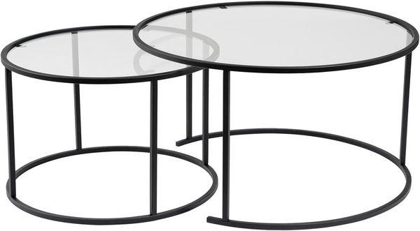 Hanah Home Stylish Coffee Table Set (2 Pieces), Black & Transparent, 60 x 60 x 39 & 80 x 80 x 43 cm | 100% Tempered Glass & Metal Frame | Modern Design for Living Room