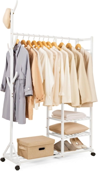 Yorbay Kleiderständer Garderobenständer aus Bambus, (mit Rollen, mit Kleiderstange, 3 Ablagen und 6 Kleiderhaken), Kleiderständer 100 x 38 x 176 cm für Flur, Wohnzimmer, Schlafzimmer