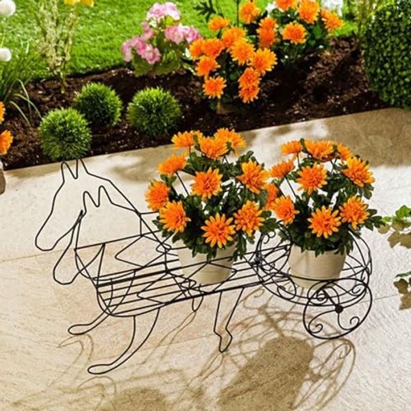 HAC24 Blumenständer Deko Pflanzenständer Pferdekutsche Pflanzen Blumen Ständer, Metall Schwarz 65 x 36 x 24 cm