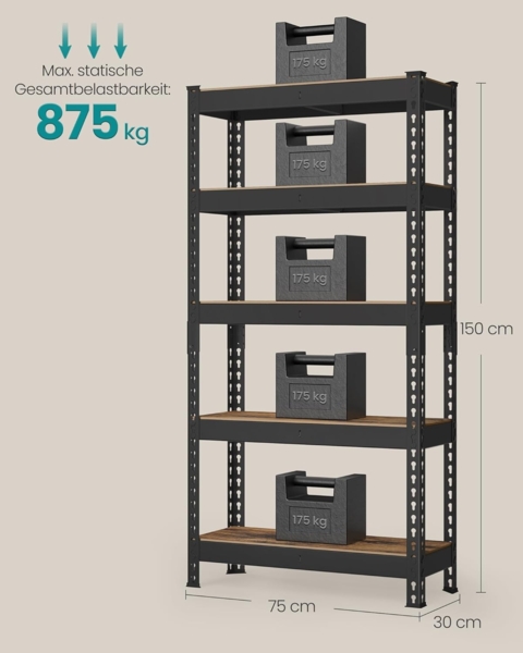 SONGMICS Schnelle Montage, Schwerlastregal, Standregal, Lagerregal, Küchenregal, Regal, 5 Ablagen, 30 x 75 x 150 cm, bis 875 kg belastbar, für Keller, Küche, Arbeitszimmer, vintagebraun GLRDE300B11 Bild 2