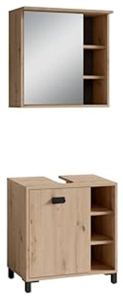 byLIVING Badmöbelset Wellness / 2-teilig/Spiegelschrank und Waschbeckenunterschrank/LED-Beleuchtung/Spiegel/Waschtisch/Hängeschrank/viel Stauraum (Artisan-Eiche-Optik)