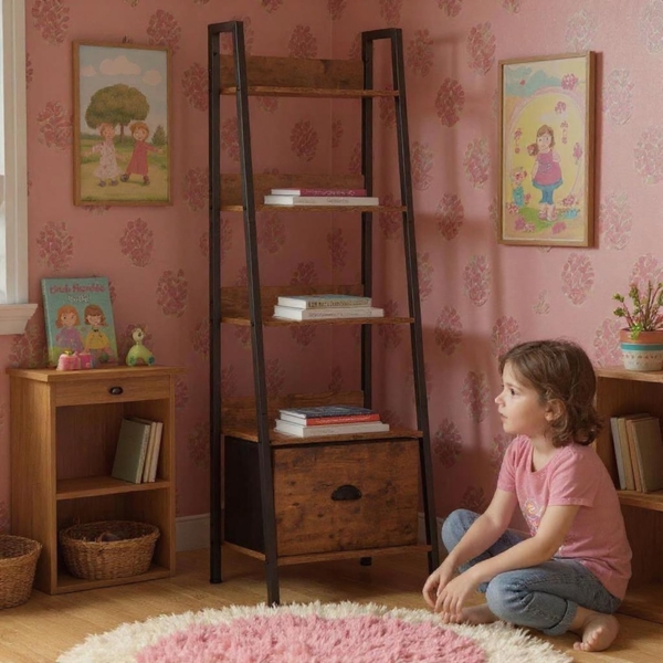 FurnitureR Kinderzimmer Regal & Ablage 42 x 29 x 141 cm, 5 Ebenen, Stoffschublade, 12 mm Holzplatten & 20 mm Metallrahmen, 7,5 cm Rückwand, Warmer & sicherer Stauraum Bild 3