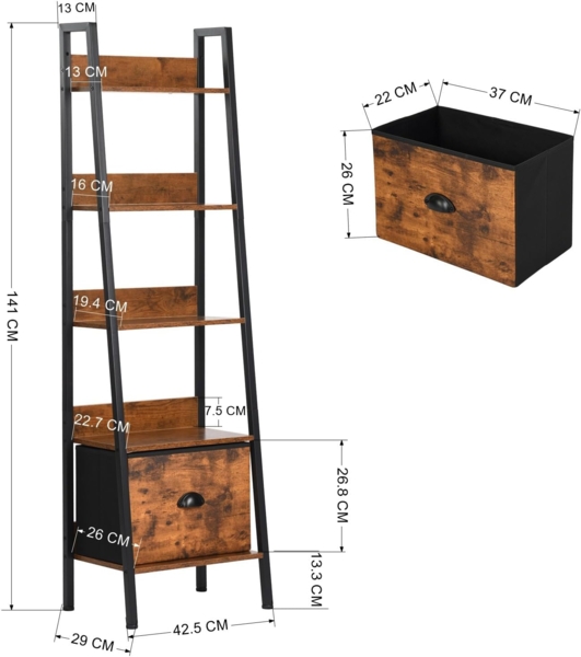 FurnitureR Kinderzimmer Regal & Ablage 42 x 29 x 141 cm, 5 Ebenen, Stoffschublade, 12 mm Holzplatten & 20 mm Metallrahmen, 7,5 cm Rückwand, Warmer & sicherer Stauraum Bild 2