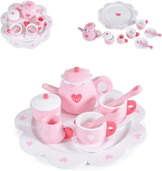 Moni Kinder Teeservice Herz 005 Holz 10-teilig, Kanne, Tassen, Löffel, Teller rosa