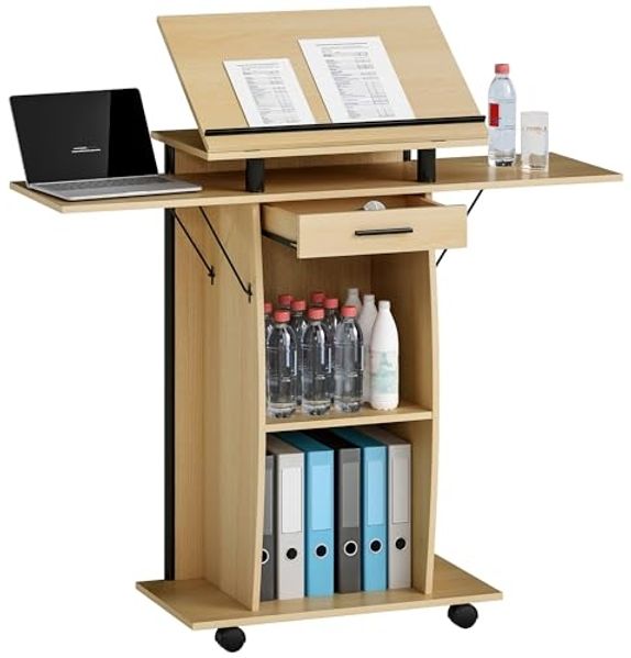 HOMCOM Schreibtisch mit klappbaren Seitenflügeln (Redepult, 1-St, Laptop-Tisch), für Kirche, Vortrag, Klassenzimmer Eiche 126 x 37 x 136 cm
