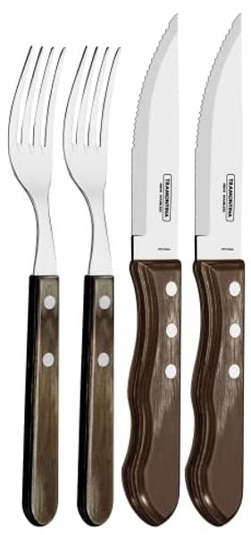 Tramontina 29899-163 Jumbo Steakbesteck, 4 teiliges Set, Edelstahl AISI 420, Kiefernholz