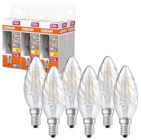 Osram LED Superstar Classic Lampe mit Filament in klassischer gedrehter Minikerzenform, klares bleifreies Glas, 2.8 W, 250 lm, warmweißes Licht (2700 K), E 14 Sockel, 35mm DM,6-Pack