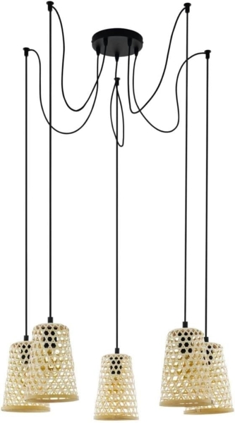 Eglo 43255 NATURE Pendelleuchte CLAVERDON Stahl schwarz, Holz natur E27 5X40W Ø18cm H:200cm dimmbar