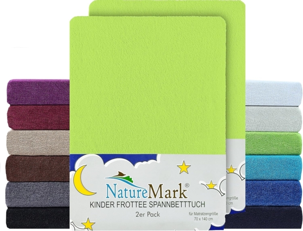 NatureMark Spannbettlaken Frottee Spannbettlaken, 80% Baumwolle / 20% Polyester, Gummizug: rundum, (2 Stück), 2er Set Kinder Spannbettlaken Frottee, Spannbetttuch 80% Baumwolle / 20% Polyester, für Babybett und Kinderbett, 70x140 cm - Apfel grün