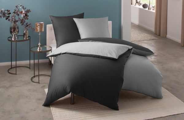 Mako Satin Damast Wendebettwäsche Streifen "Vancouver" grau/anthrazit Kissen 40x80