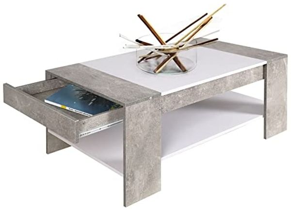 BAKAJI Rechteckiger Wohnzimmertisch, modernes Design, MDF-Holz + graue Schublade, Polycarbonat, Beton, weiß, 100 x 58 x 44 cm