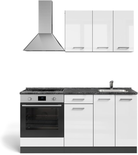 Singleküche R-Line Weiß Hochglanz/Anthrazit 160 cm mit Herdumbauschrank ohne Arbeitsplatte Vicco