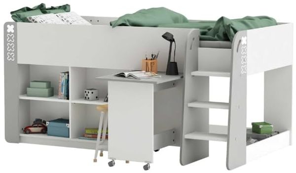 Kinderbett HAMPTON Hochbett weiß matt  grau 90x200