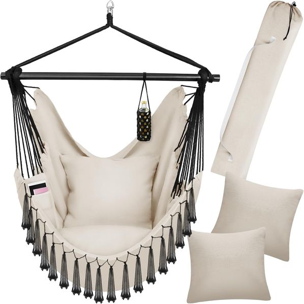tectake Hängesessel Hängeschaukel, Belastbarkeit 150 kg, ca. 100 x 150 x 150 cm (Hängestuhl Malika, in Beige), dicke Kissen, mit Bücherfach & Flaschenhalterung, inkl. Tragetasche