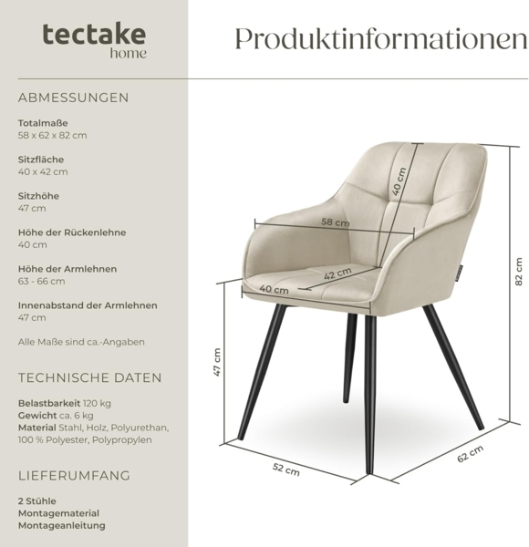 tectake Esszimmerstuhl Marilyn (2er Set, 2 St), gepolstert, in Samtoptik, gesteppt Bild 3