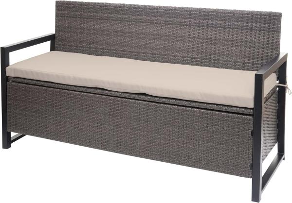 Poly-Rattan 3er Sitzbank HWC-F39, Gartenbank Truhenbank, Staufach Aufbewahrung Sitzkissen ~ grau-meliert, Kissen beige