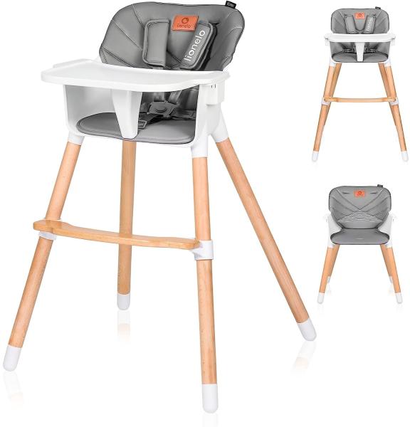 LIONELO Koen Kinder Hochstuhl 2in1 verstellbarer Stuhl, abnehmbares Tablett, rutschfest, 6 bis 36 Monate, 5-Punkt-Sicherheitsgurt, KinderHochstuhl, Babyhochsitz, Belastbarkeit bis 15 kg / 30 kg (Grau)