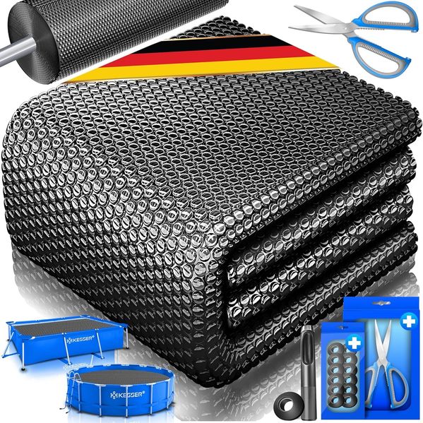 KESSER® Pool Solarfolie 400 µm | Solarplane Poolabdeckung | Solarabdeckplane flexibel zuschneidbar | Poolplane für Wassererwärmung | Solarabdeckung mit Schere, Lochzange & 12 Ösen Schwarz, 732 x 366cm