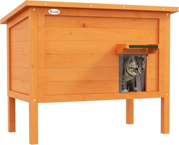 PawHut Tierhöhle Katzenhütte aus Holz, Isolierte, Kleintierhaus mit Türvorhang, für Garten, Balkon, Orange